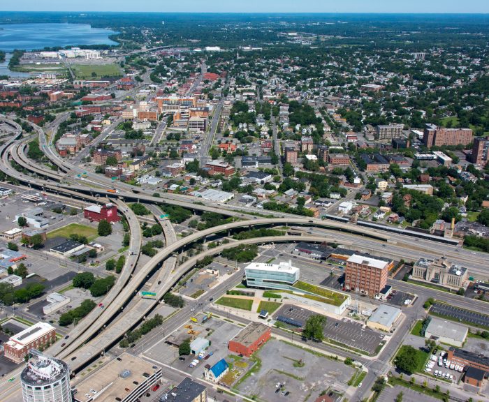 Aerial view of I-81 and 690 running through downtown Syracuse