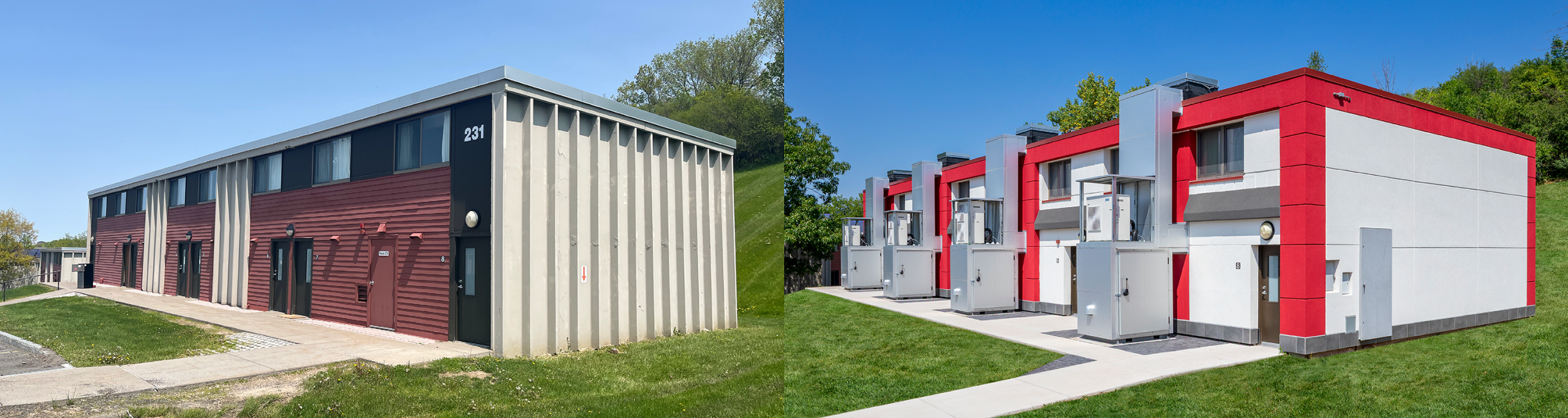 Before and after views of the Lambreth Lane retrofit buildings