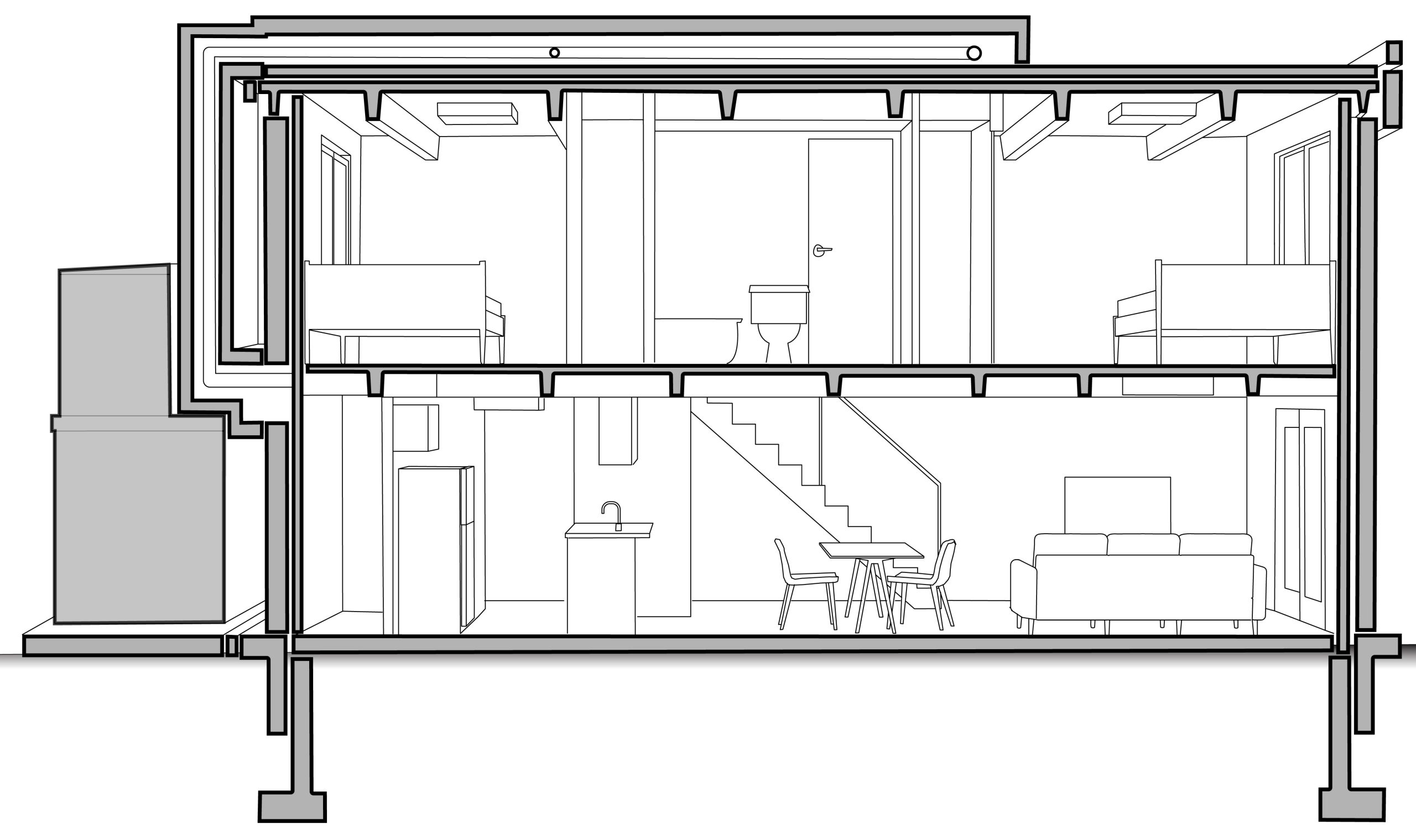 Section drawing highlighting the key retrofit systems