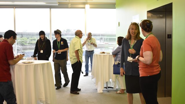 People talking near food