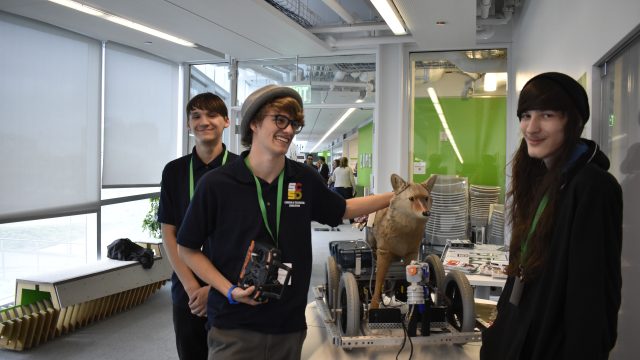 Students with robotic coyote